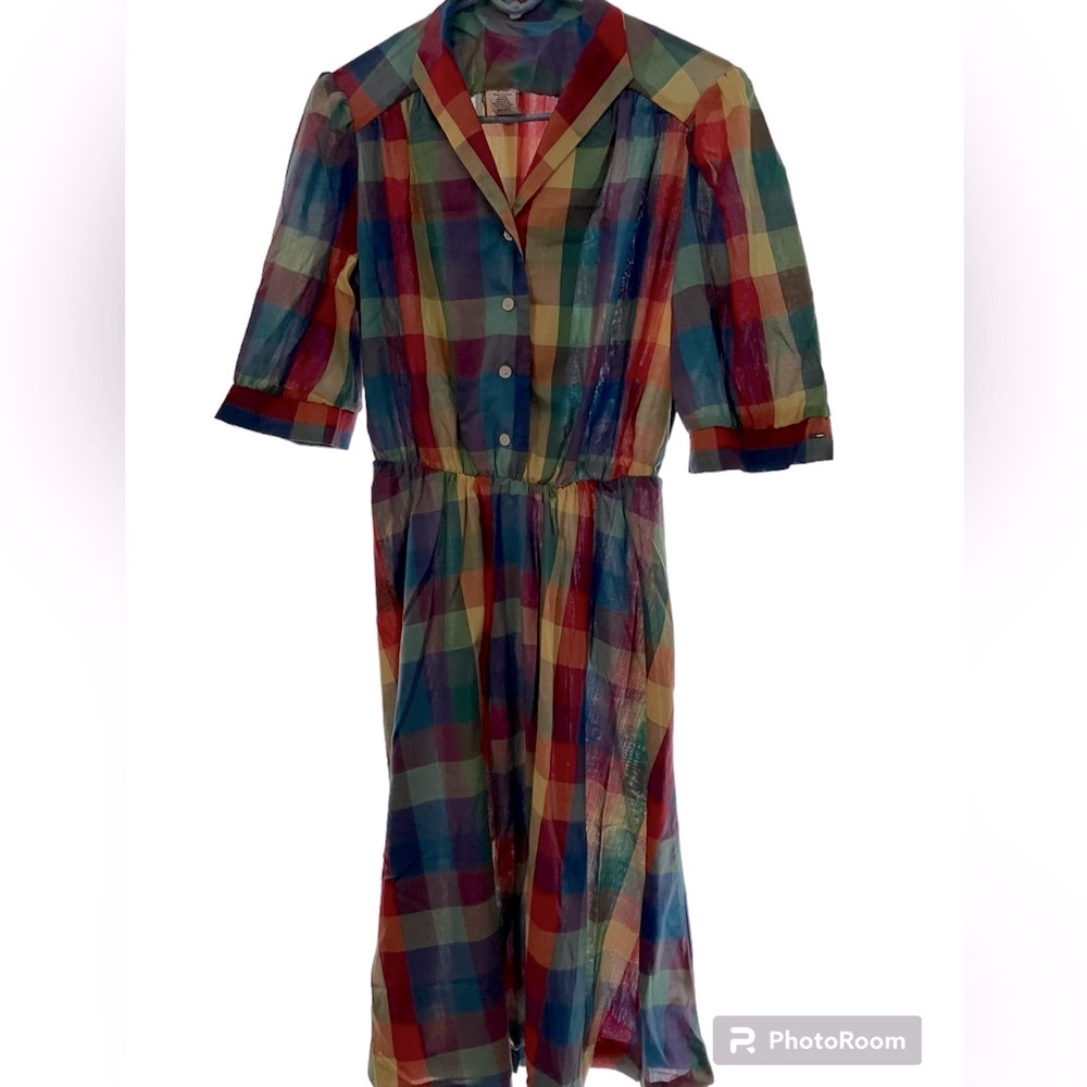 🌈 Vintage 1950s-60s Rainbow Plaid Cotton Dress Tag Size A2 SEE MEASUREMENTS 🌈